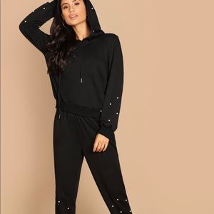 Pearl Beading Detail Hoodie & Pants Set Black
